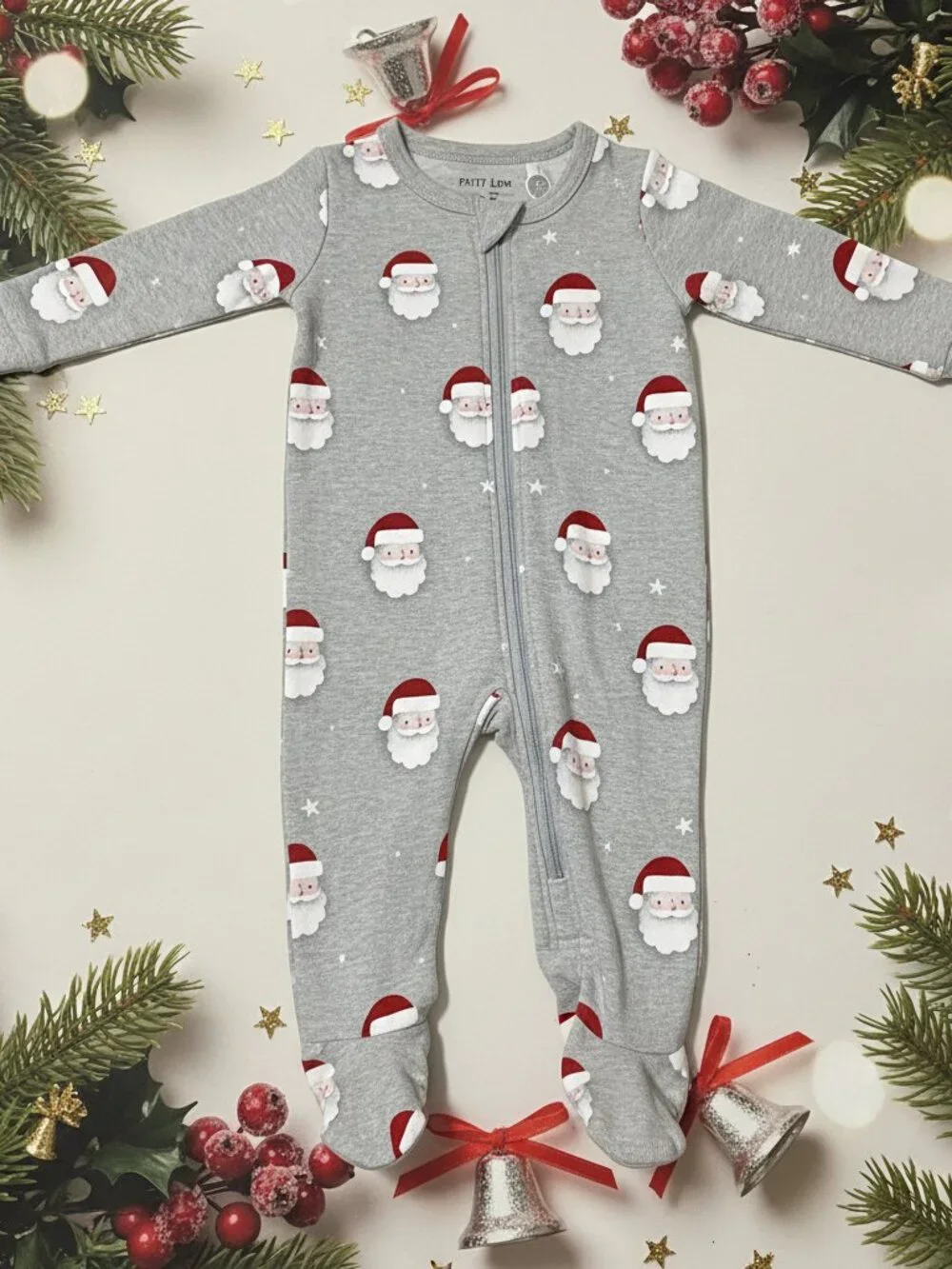 Petit Lem Santa Print Sleeper NWT 3M Heather Grey Christmas Baby Pajamas